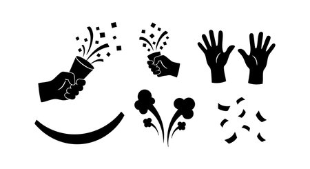Set of black celebration icons showing hands clapping confetti party elements in simple style for festive design projects and joyful occasions bright energetic moodのイラスト素材