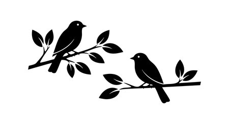 This vector illustration shows two black silhouette birds perched on leafy branches in a simple nature design with a clean and elegant style peaceful.のイラスト素材
