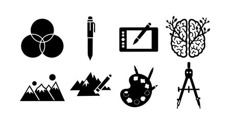 This vector illustration shows icons of a digital drawing tablet with pen, brain, compass, color palette, and mountain landscapes representing creativity and design tools in a simple style. Calmのイラスト素材