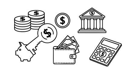 This vector illustration features finance icons including piggy bank with key, coins, wallet, calculator, and bank building representing money and banking concepts in black outline style calmのイラスト素材