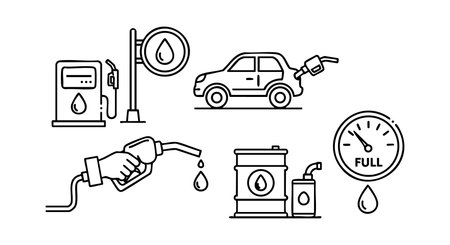 Illustration of fuel gas station pump, car refueling, oil barrel, and full meter showing fuel level and drops in black line style. Simple clear design with utility mood.のイラスト素材