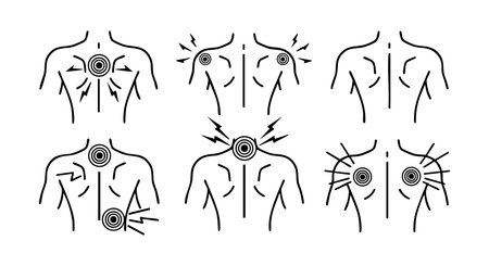 Vector illustration showing human back with various pain zones marked by target circles and radiating lines indicating pain or tension in different areas of the back. Informative medical style image with clear lines and minimal design. Calm.のイラスト素材