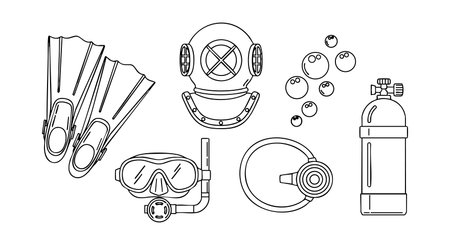Vector illustration of diving equipment including flippers, mask, snorkel, helmet, oxygen tank, and regulator with bubbles in black and white line style. Detailed and clear. Calm mood.のイラスト素材