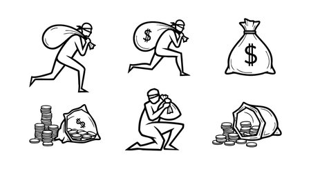 This vector illustration shows a thief stealing money bags and coins in black outline style. The thief is depicted running and crouching with a bag of cash. Simple and clear artwork with a crime theme. Serious mood.のイラスト素材