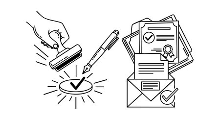 Illustration of a hand stamping a checkmark with a pen and documents with envelopes featuring checkmarks and certification symbols in black and white style calmのイラスト素材