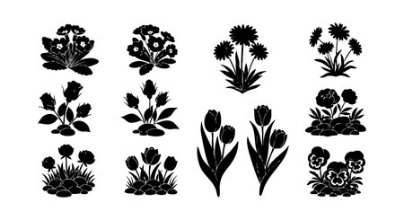 This vector features black silhouette flowers with different leaf and petal arrangements arranged in rows on a white background creating a simple elegant floral design perfect for decoration and art projects calmのイラスト素材