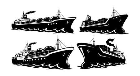 This vector shows four black silhouette vintage cargo ships with distinct hull and superstructure designs sailing on water. The style is bold and minimalistic with clear outlines. Classic nautical mood.のイラスト素材