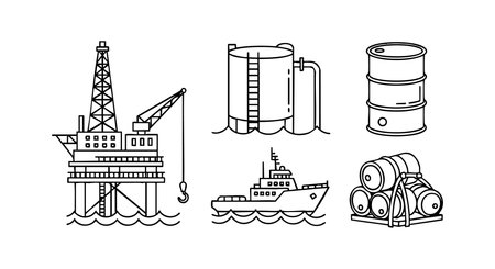 Black and white vector illustration showing an offshore oil rig platform, storage tank, tanker ship, and oil barrels grouped. Industrial energy concept with clean line art style. Professional mood.のイラスト素材