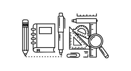 Black outline vector illustration of school supplies including pencil pen notebook ruler magnifier and paperclip arranged in a neat layout. Simple educational design with clear details. Clean minimal style.のイラスト素材