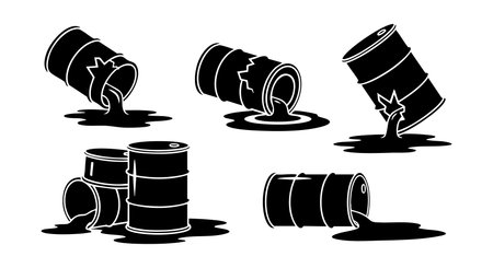 Five black oil barrels leaking liquid on white background. The barrels are tipped over or standing with spilled oil spreading below. Clean and simple environmental concept vector image. Neutral mood.のイラスト素材