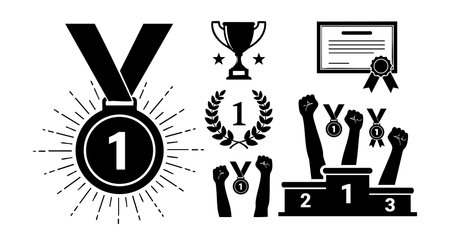 This vector illustration shows a medal, trophy, certificate, winners on the podium celebrating their awards and achievements. The design conveys success and victory mood.のイラスト素材