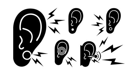 Vector image shows different stylized ear icons with sound wave symbols representing hearing and communication processes in a black and white design. Clear and simple mood.のイラスト素材