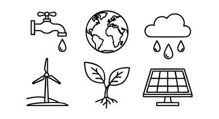 This vector illustration displays icons representing water conservation earth cloud rain wind turbine plant and solar panel highlighting renewable energy concepts vibrantのイラスト素材