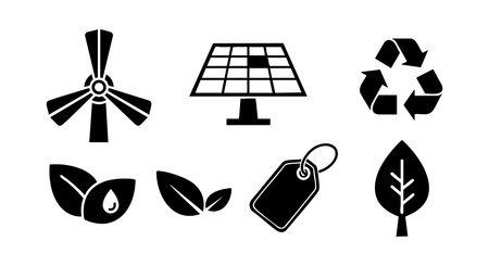 Set of black renewable energy icons including wind turbine solar panel recycling symbol leaves and eco tag in simple silhouette style representing eco friendly concepts calm moodのイラスト素材