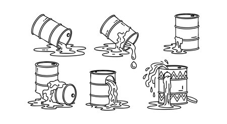 This vector illustration shows multiple oil barrels spilling liquid causing environmental pollution and hazard. The black and white line art highlights industrial waste impact. Concerned mood.のイラスト素材