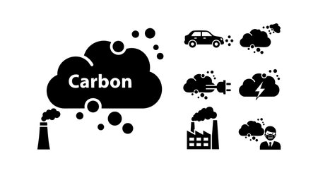 Vector illustration showing carbon emission from factory smoke and various pollution and energy symbols representing environmental impact and air quality concerns in a simple black style. Clear and mood informative.のイラスト素材