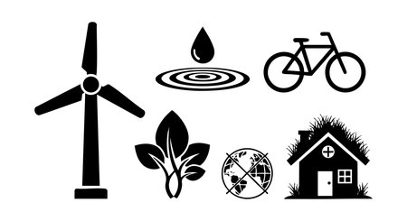 Vector illustration showing eco friendly symbols including wind turbine water drop bicycle plant globe and sustainable house representing environment and nature in black and white style calm.のイラスト素材