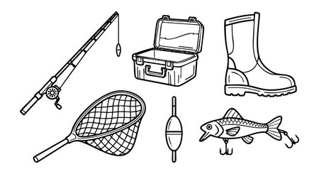 The vector illustration shows fishing equipment including a rod reel tackle box boots net float and fish in a simple black outline style calmのイラスト素材