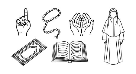 This vector illustration shows six Islamic prayer icons including a hand gesture, tasbih beads, raised hands, prayer rug, open book, and a woman wearing a hijab. The style is simple and clean. Calm design.のイラスト素材
