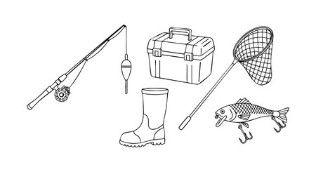 Illustration of fishing equipment including rod reel float box boots net and fish designed in simple line style perfect for fishing themes calmのイラスト素材