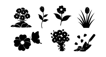 This vector illustration features various flower silhouettes including bouquets leaves and a gardening shovel creating a natural outdoor theme with a simple black style calm moodのイラスト素材