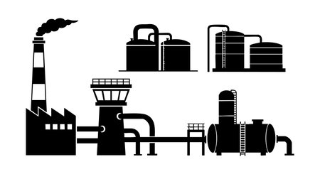 This vector illustration shows an industrial factory with a tall smokestack emitting smoke and multiple storage tanks connected by pipes. The design is clean and minimal with a black silhouette style. Industrial and mechanical elements create a technical mood.のイラスト素材