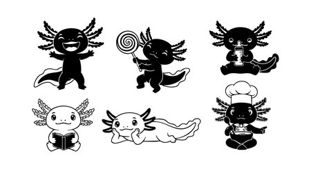 This vector illustration features a cartoon axolotl character in six different cute expressions and playful poses including reading, eating candy, and daydreaming. Charming and fun.のイラスト素材