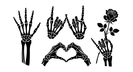 This vector illustration features black and white skeleton hand gestures including a heart shape and holding a rose flower in a stylish design with a dark romantic mood.のイラスト素材