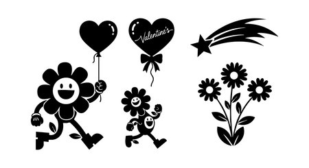 This vector illustration features a joyful flower character holding a heart shaped balloon with valentines text alongside a smaller flower holding a balloon and a shooting star over a bunch of flowers creating a cheerful and romantic mood.のイラスト素材