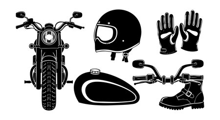 This vector illustration shows a motorcycle from the front, a helmet, gloves, a boot, a gas tank, and handlebars in black and white style. The design is clear and simple with a bold mood.のイラスト素材