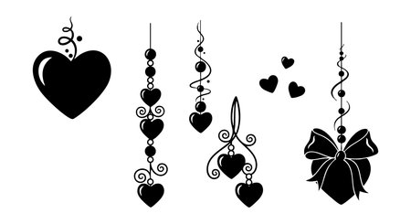 Vector illustration features hanging heart shapes and a bow in black silhouette style representing romantic love decorations with elegant swirls and curls mood charmingのイラスト素材