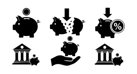 This vector illustration shows piggy bank icons representing savings with broken and percentage symbols indicating financial loss in a clear black silhouette style calm.のイラスト素材