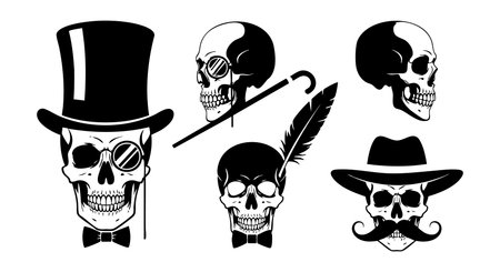 Illustration of five vintage skulls featuring a top hat with glasses and bow tie, a skull with a cane, a skull with a feather, and a skull with a mustache wearing a hat, stylish and classic moodのイラスト素材