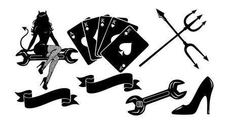 This vector illustration features a devil holding a wrench, playing cards with spade suits, a trident, a high heel shoe, and ribbon banners in black silhouette style creating a bold and dramatic mood.のイラスト素材