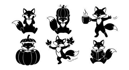 This vector set features six cute fox cartoons with pumpkins autumn leaves coffee and reading book elements in black and white style perfect for fall projects playful moodのイラスト素材