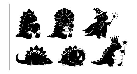 The image shows six black silhouette cartoon dinosaurs including a witch and king costume holding magic wands with stars in a playful style. The mood is whimsical and fun.のイラスト素材
