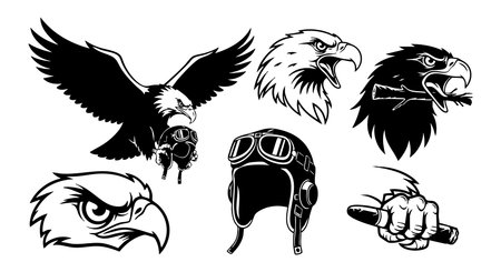 The image shows detailed eagle heads with fierce expressions, a flying eagle, a pilot helmet, and a hand gripping a stick in black and white vector style. Intense mood.のイラスト素材