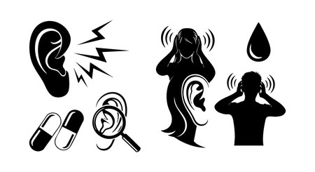 Vector illustration shows ear with pain signals pills magnifying glass and people holding heads affected by ear issues and tinnitus health care concept medical design calmのイラスト素材