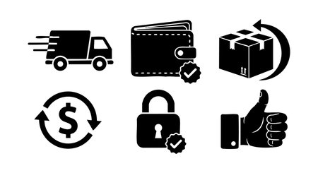 This vector set shows delivery truck, wallet, secure lock, dollar cycle, boxed parcel, and thumbs up icons representing payment security and fast shipping in a clean black style. Modern.のイラスト素材