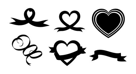 This vector illustration shows various heart shapes combined with ribbons and decorative swirls in black silhouette style perfect for design projects and crafts. Romantic and elegant mood.のイラスト素材