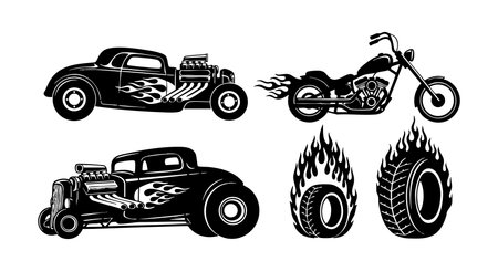 Bold vector illustration displays classic hot rod cars and a motorcycle with dynamic flame decorations and tire flames creating an intense and energetic vibe. Edgy style.のイラスト素材