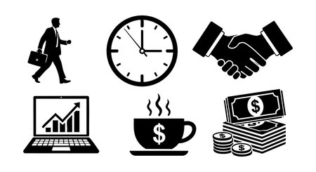 Vector illustration showing businessman walking with briefcase clock handshake laptop with growth chart coffee cup and money symbols representing business concepts calm.のイラスト素材