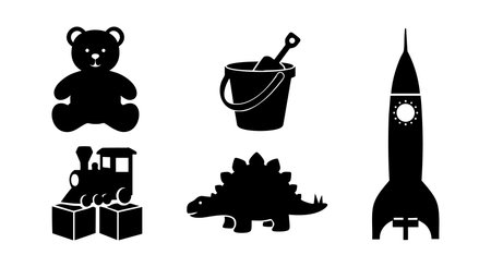 This vector illustration displays a collection of black silhouette childrens toys including a teddy bear, toy train with blocks, dinosaur, rocket, and bucket with shovel creating a playful mood.のイラスト素材
