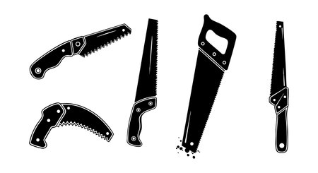 A bold vector illustration showcases different saw types including folding saws and hand saws with sharp teeth designed for cutting wood or other materials in a clean style edgyのイラスト素材