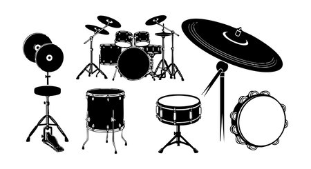 A bold silhouette design presents a classic drum set with cymbals and additional percussion instruments in black and white style ideal for music themed projects or logos edgyのイラスト素材