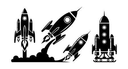 This vector illustration shows three black rocket spaceship silhouettes with flames and smoke during launch and flight representing space exploration and technology in a bold style calm.のイラスト素材