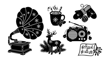 A nostalgic winter scene shows vintage silhouettes including a gramophone hot drink steaming deer pine radio mittens and music notes creating a cozy festive moodのイラスト素材