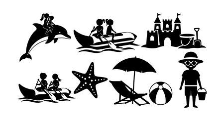 Silhouettes of children playing on dolphin rides and building sandcastles with umbrella and beach ball on beach shore creating fun and joyful mood.のイラスト素材