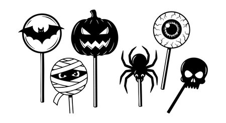 This vector illustration shows six Halloween themed candy lollipops with spooky designs including pumpkin, spider, mummy, skull, bat, and eyeball. Perfect for festive party decoration spookyのイラスト素材