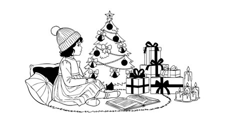 A child wearing a hat sits on a rug near a decorated Christmas tree surrounded by wrapped gifts and lit candles creating a cozy festive atmosphere peaceful and warmのイラスト素材